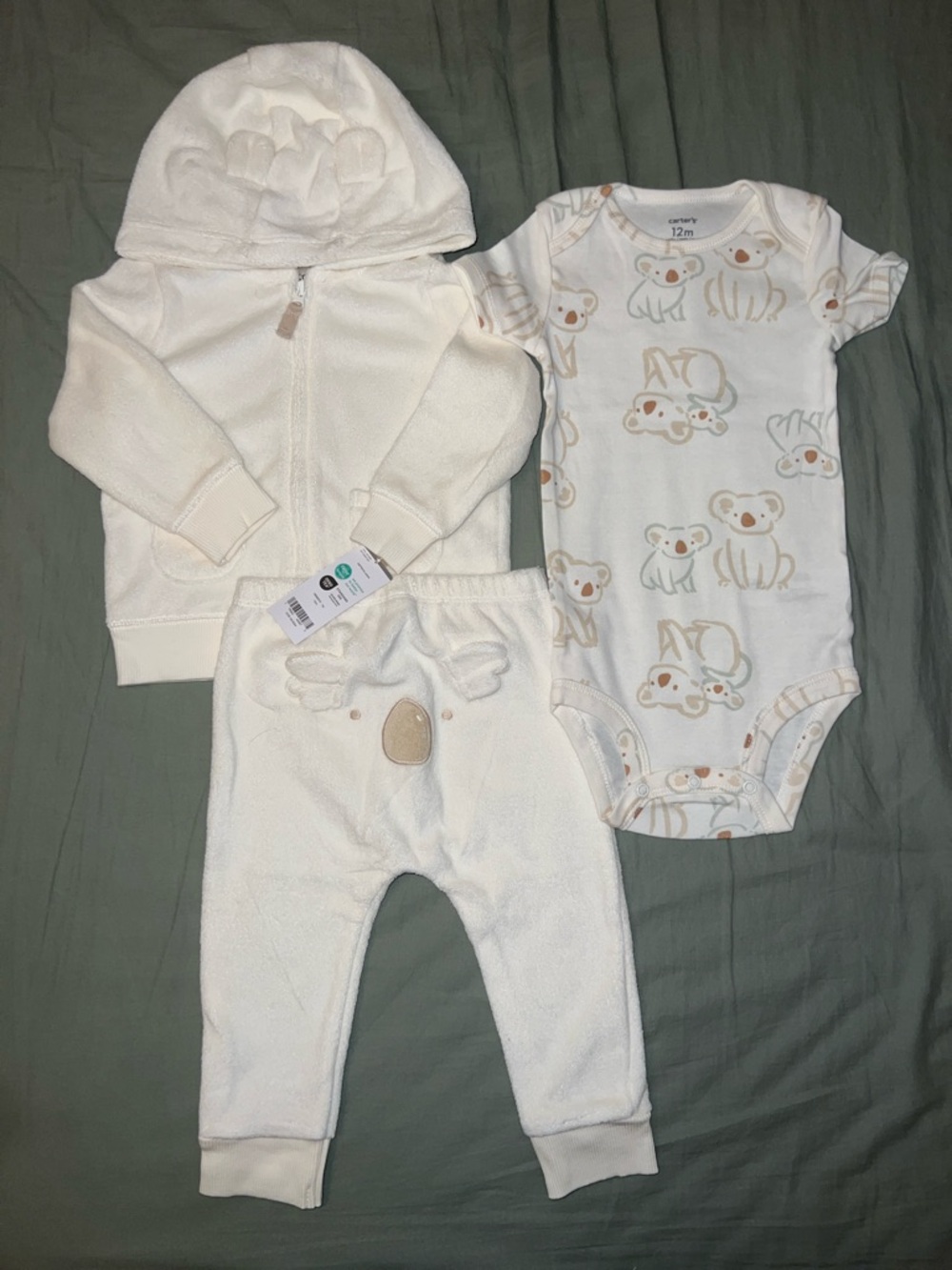 Cream Koala 3-Piece Baby Set - Hoodie, Pants & Koala Print Onesie
